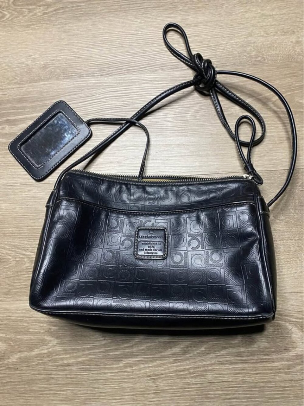 Vintage Liz Claiborne Monogram Crossbody Bag – Black PVC – Established 1976
